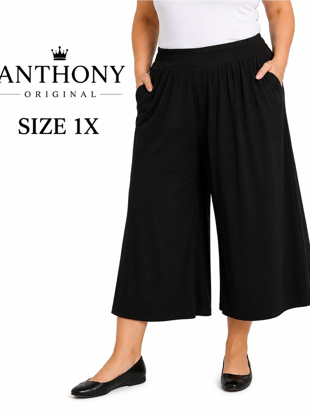 Anthony Original 1X Black Gaucho Pants Wide Leg Cropped Pull On USA